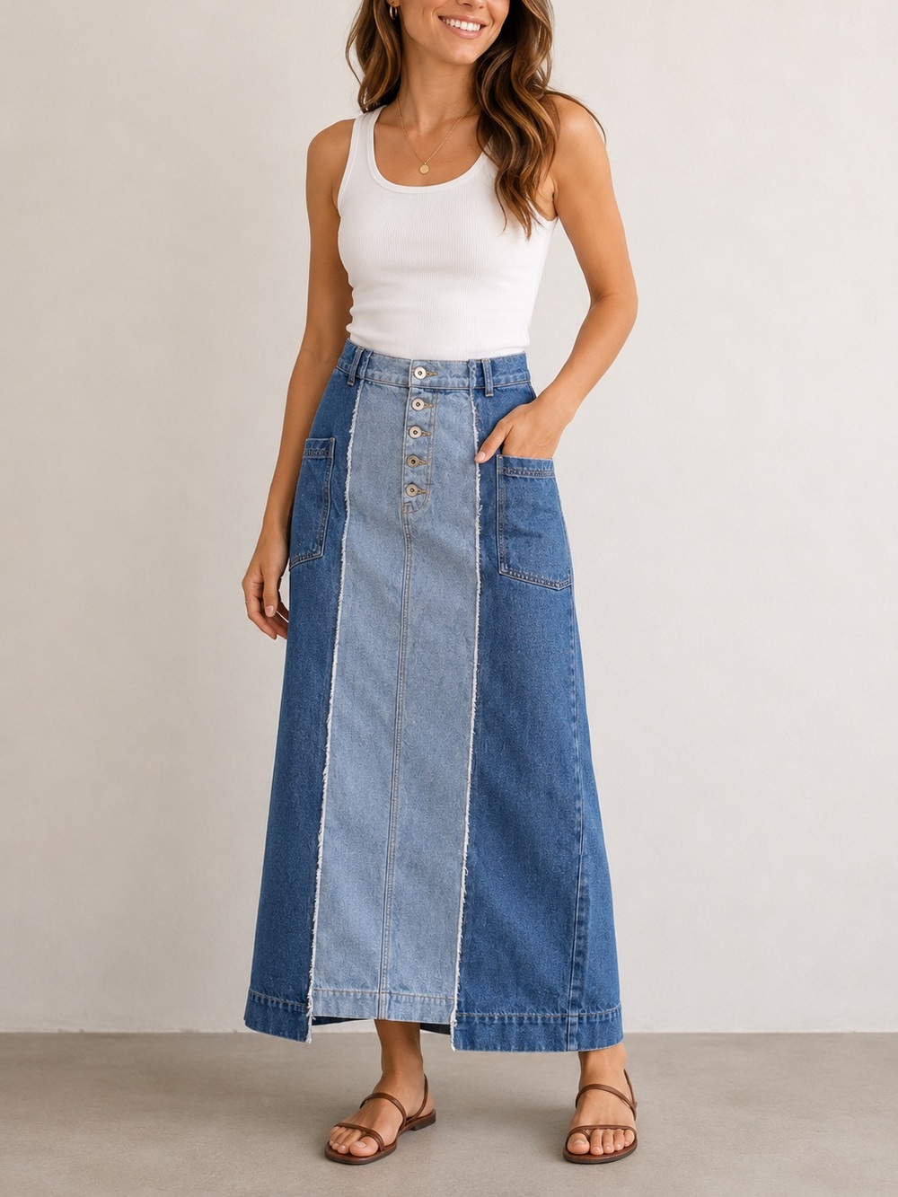 Ray Beams Womens Size 0 Denim Maxi Skirt Asymmetrical‎ Mixed Two tone 90s Y2K